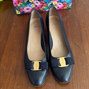 Salvatore Ferragamo Navy Leather Pumps with Gold Accent